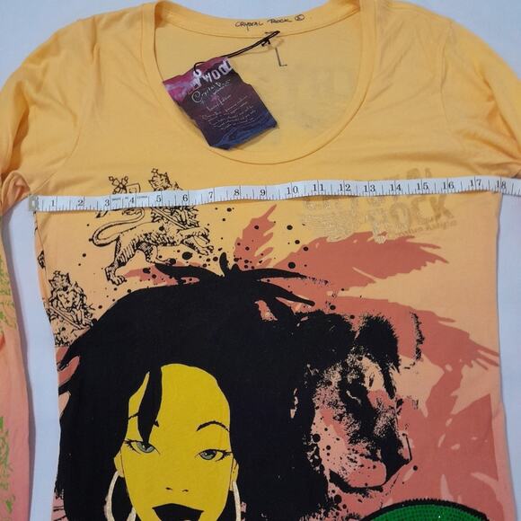 Christian Audigier Crystal Rock Jamaica Peace Top Women L Y2Kstyle Y2K Hippy - Picture 9 of 12